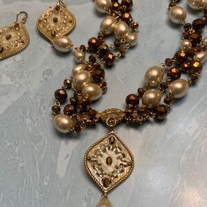 Gold and Pearl Multi-Strand Pendant Necklace and Earrings Set